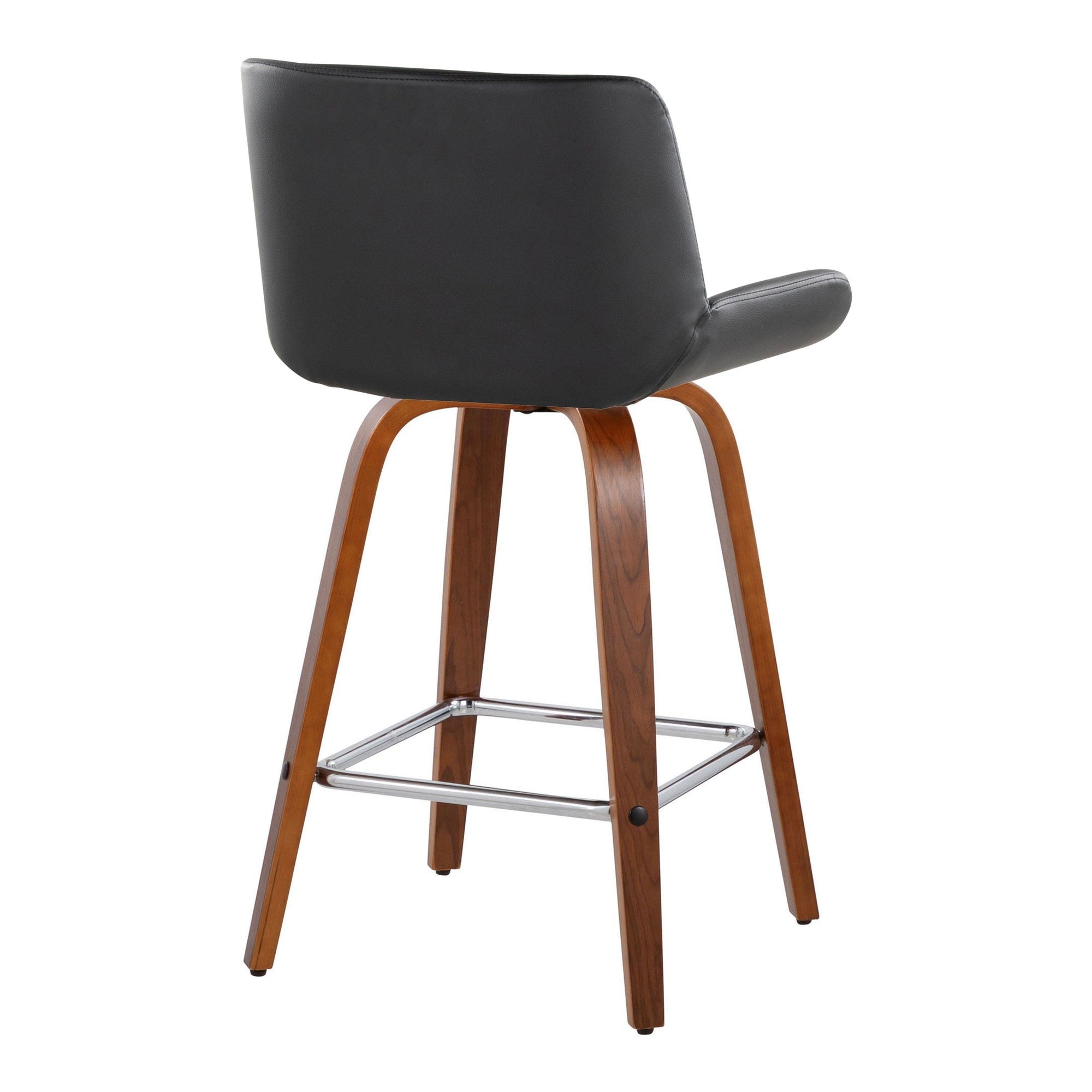 Santi 25" Fixed-Height Counter Stool - Set of 2 - Walnut Wood, Chrome Metal, Black PU
