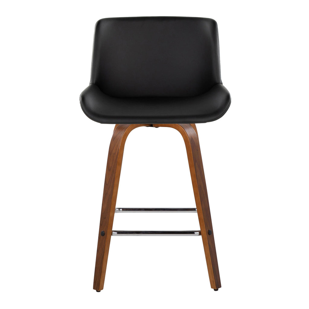 Santi 25" Fixed-Height Counter Stool - Set of 2 - Walnut Wood, Chrome Metal, Black PU