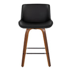 Santi 25" Fixed-Height Counter Stool - Set of 2 - Walnut Wood, Chrome Metal, Black PU