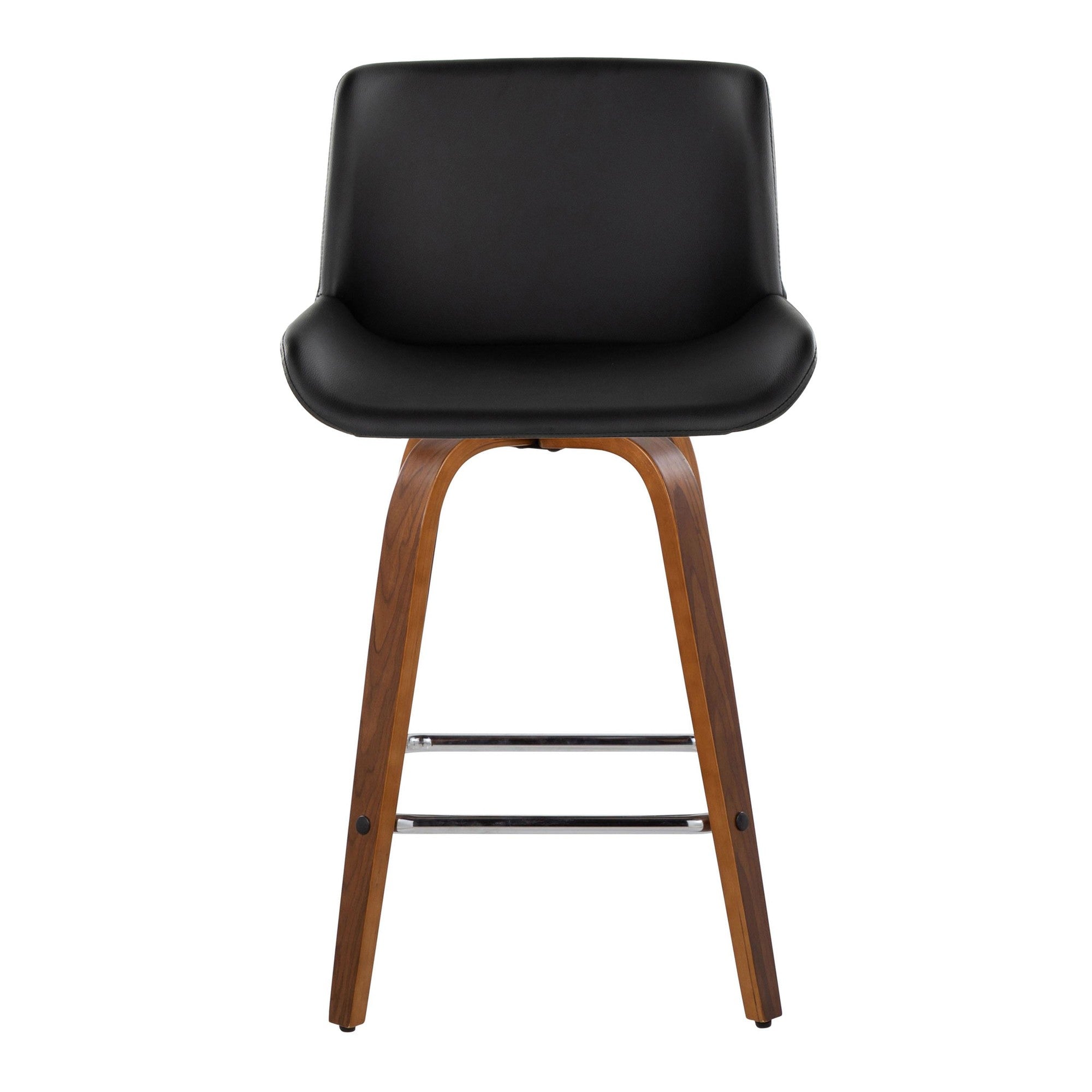 Santi 25" Fixed-Height Counter Stool - Set of 2 - Walnut Wood, Chrome Metal, Black PU