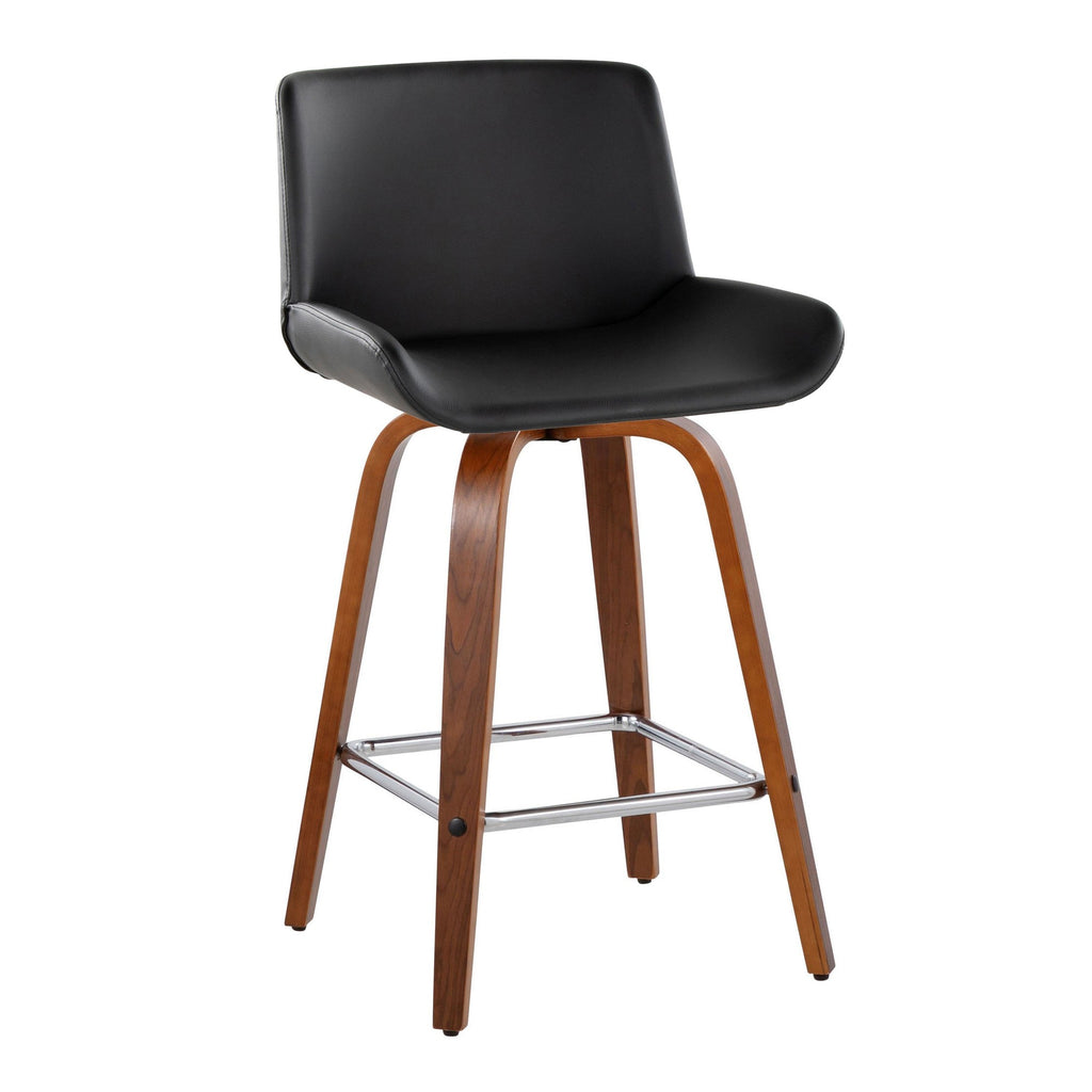 Santi 25" Fixed-Height Counter Stool - Set of 2 - Walnut Wood, Chrome Metal, Black PU
