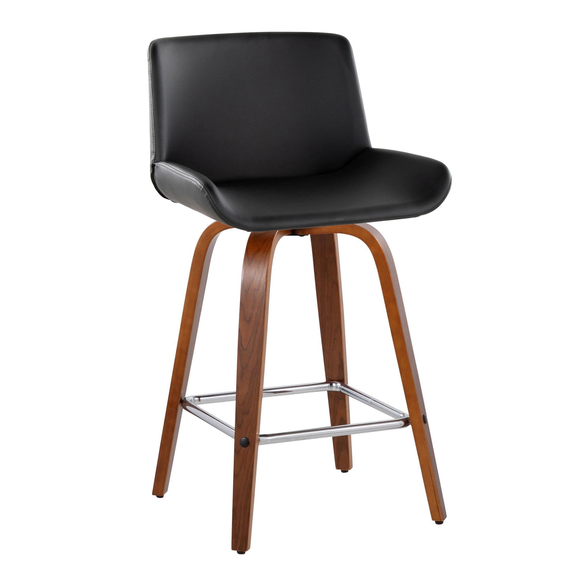 Santi 25" Fixed-Height Counter Stool - Set of 2 - Walnut Wood, Chrome Metal, Black PU