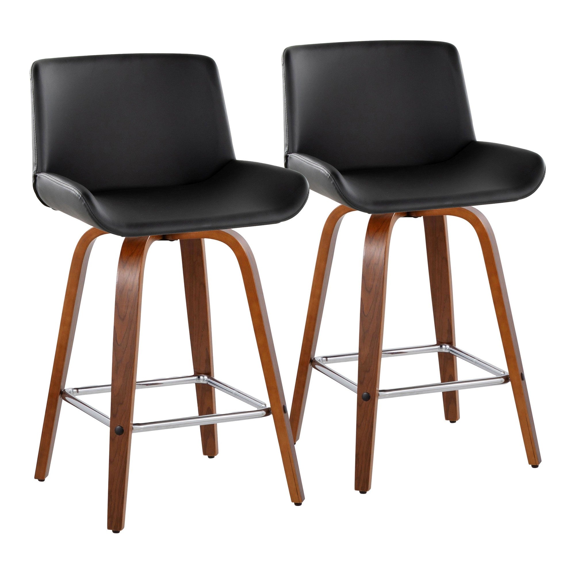 Santi 25" Fixed-Height Counter Stool - Set of 2 - Walnut Wood, Chrome Metal, Black PU