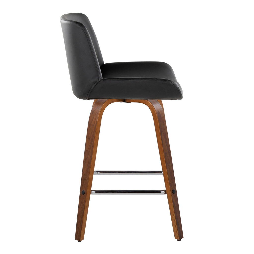 Santi 25" Fixed-Height Counter Stool - Set of 2 - Walnut Wood, Chrome Metal, Black PU