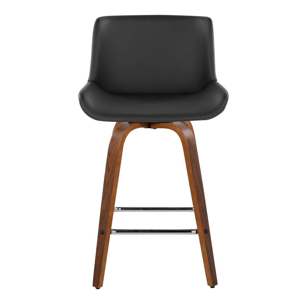 Santi 25" Fixed-Height Counter Stool - Set of 2 - Walnut Wood, Chrome Metal, Grey PU