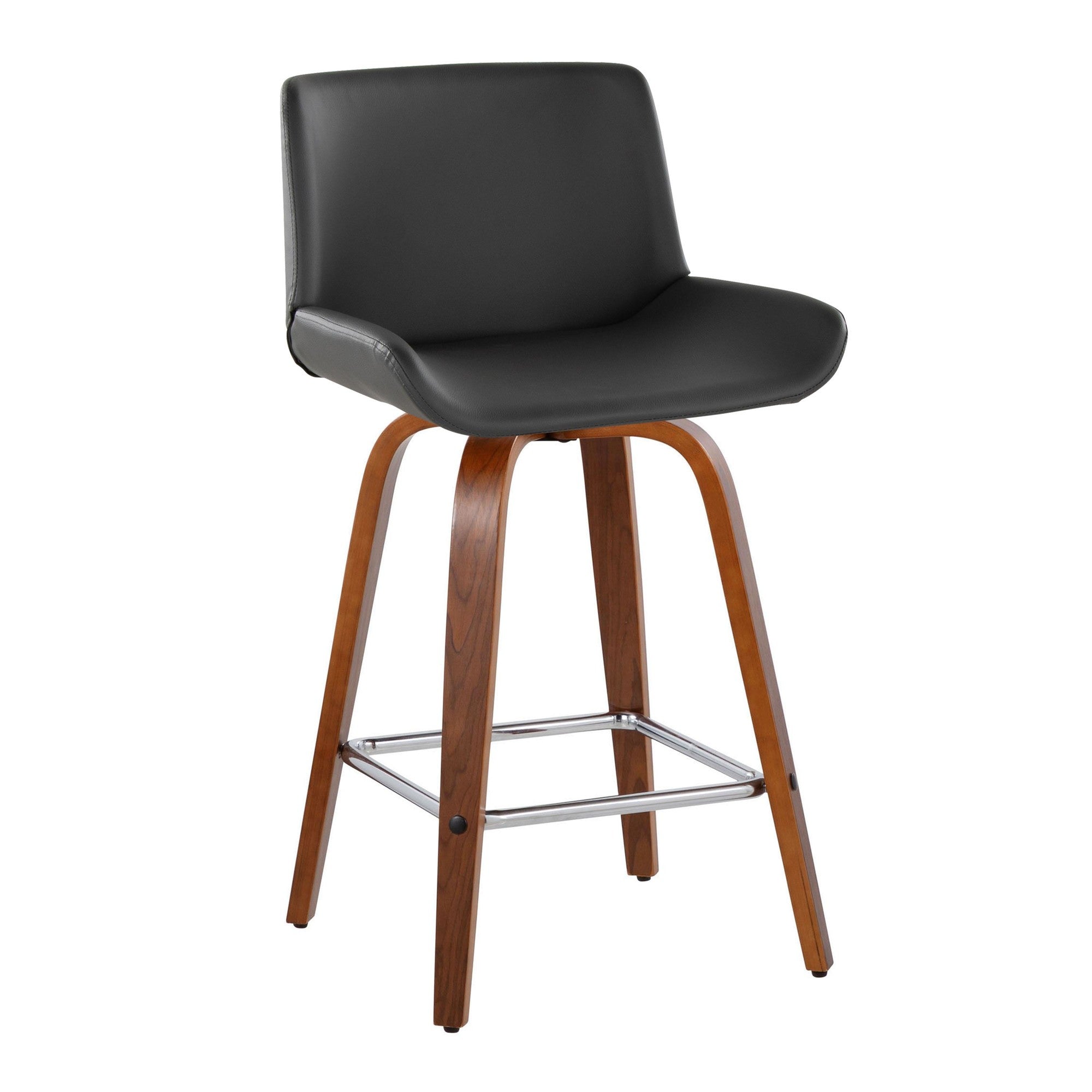 Santi 25" Fixed-Height Counter Stool - Set of 2 - Walnut Wood, Chrome Metal, Grey PU
