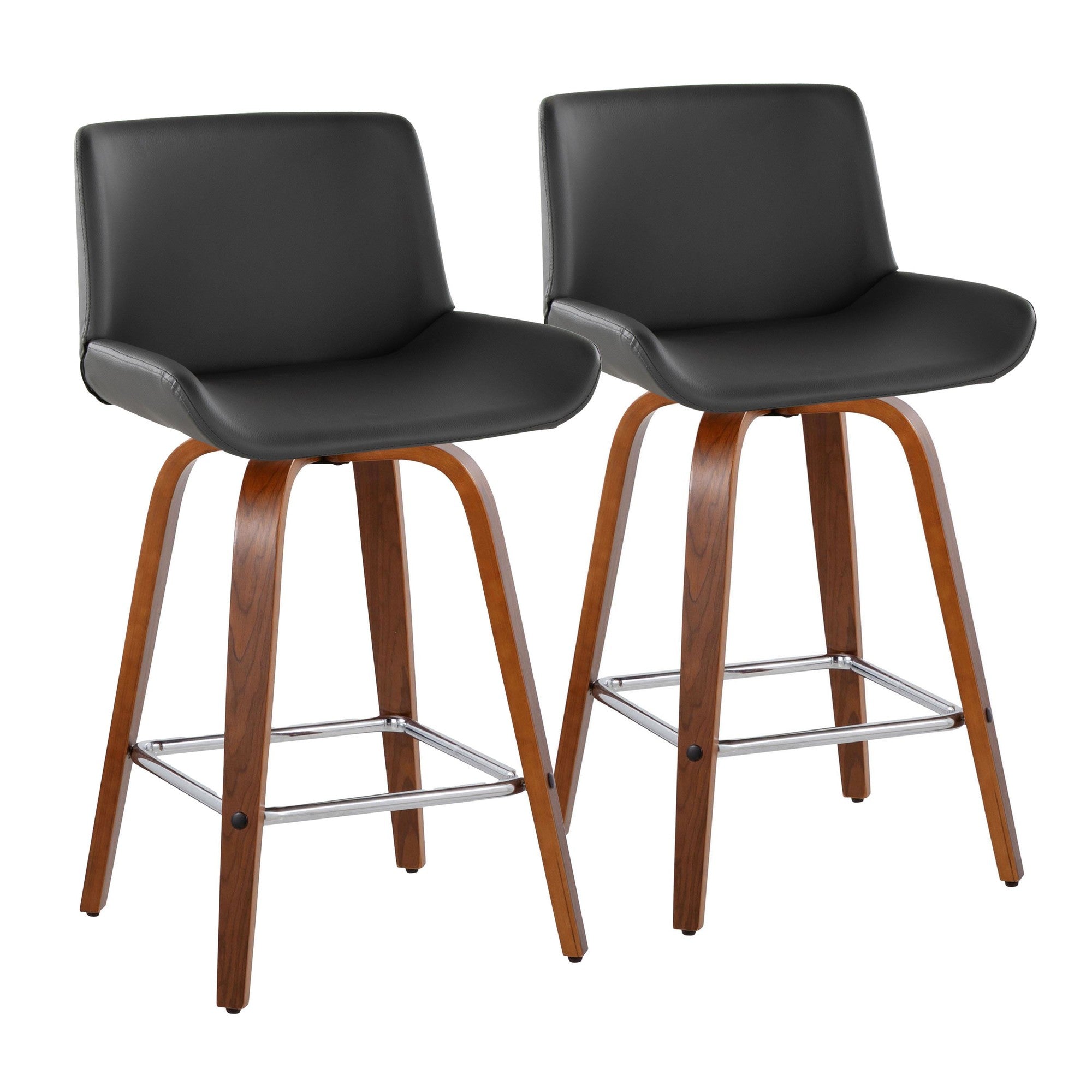 Santi 25" Fixed-Height Counter Stool - Set of 2 - Walnut Wood, Chrome Metal, Grey PU
