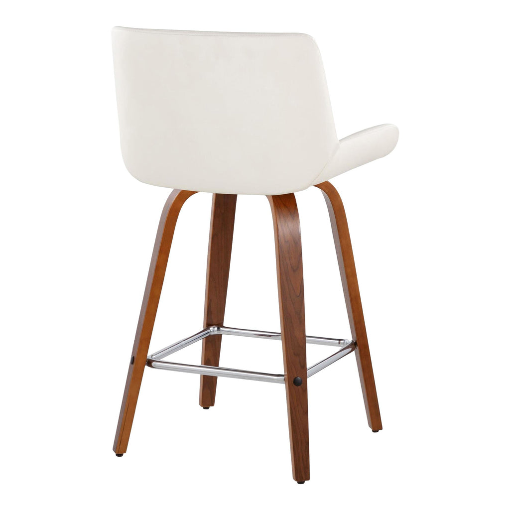Santi 25" Fixed-Height Counter Stool - Set of 2 - Walnut Wood, Chrome Metal, White PU