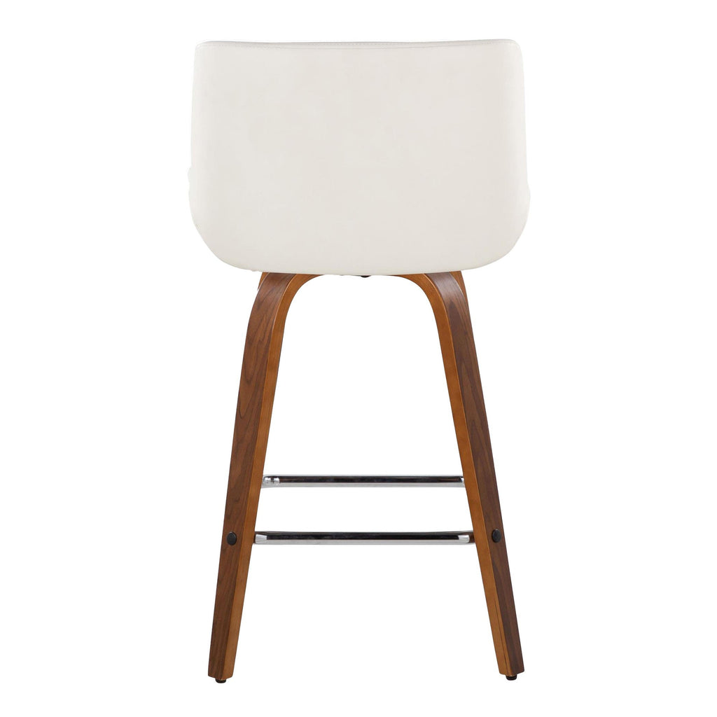 Santi 25" Fixed-Height Counter Stool - Set of 2 - Walnut Wood, Chrome Metal, White PU