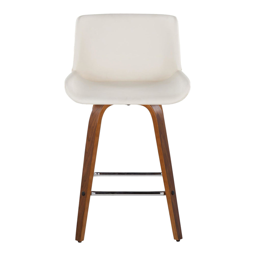 Santi 25" Fixed-Height Counter Stool - Set of 2 - Walnut Wood, Chrome Metal, White PU