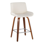 Santi 25" Fixed-Height Counter Stool - Set of 2 - Walnut Wood, Chrome Metal, White PU