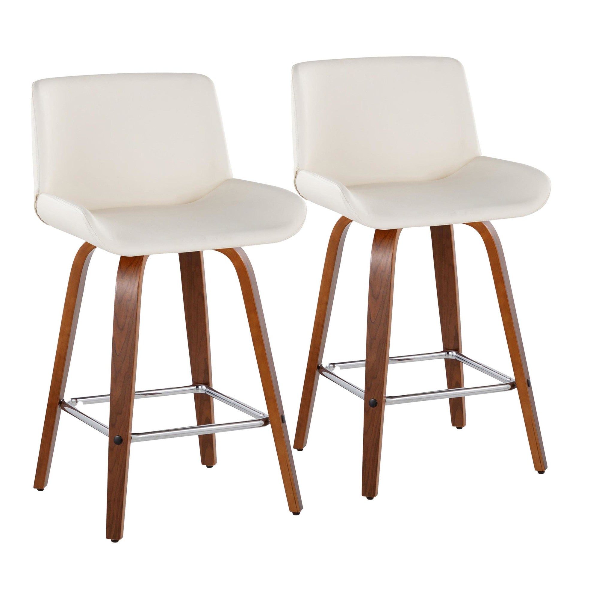 Santi 25" Fixed-Height Counter Stool - Set of 2 - Walnut Wood, Chrome Metal, White PU