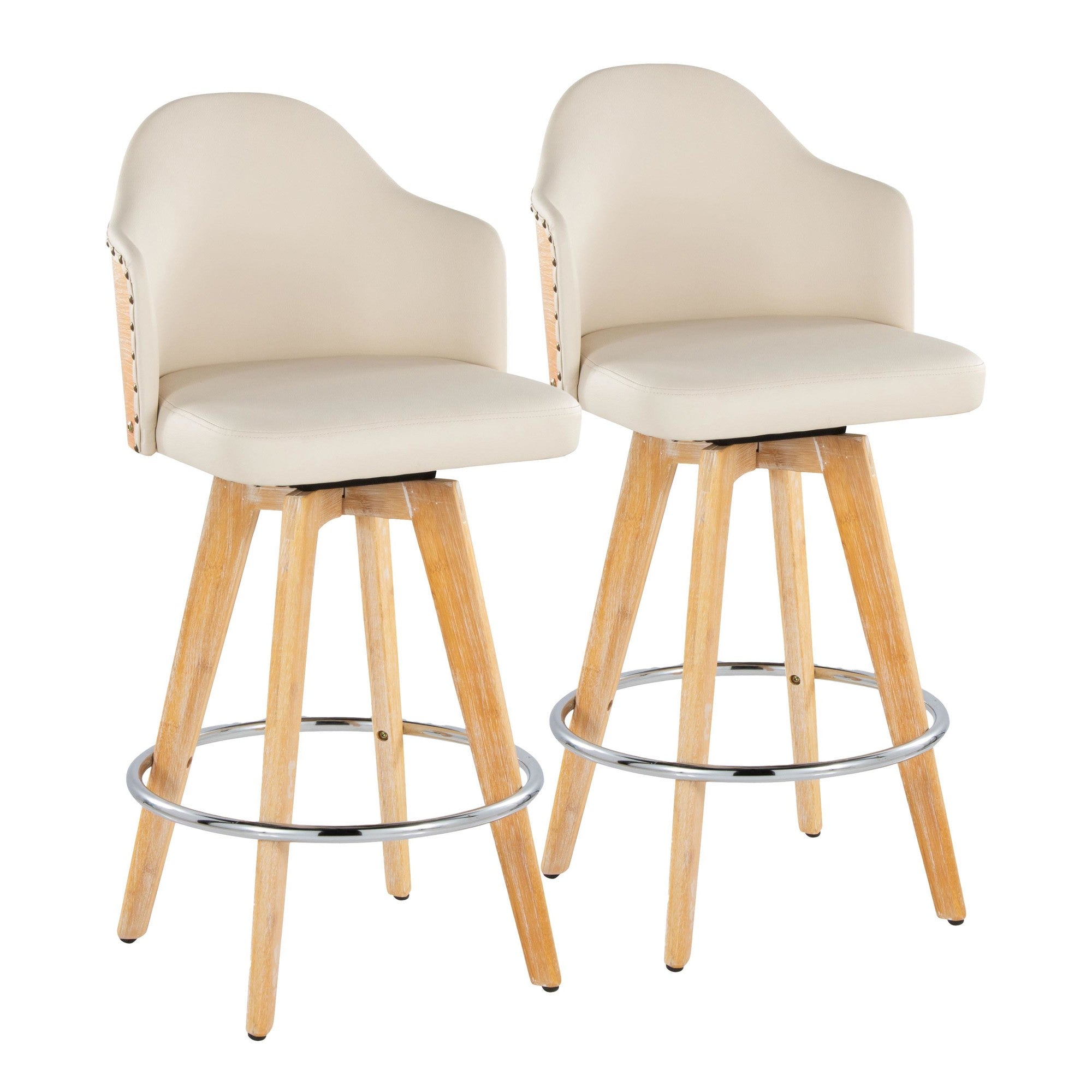 Ahoy 26" Fixed-Height Counter Stool - Set of 2 - Natural Bamboo, Cream PU, Chrome