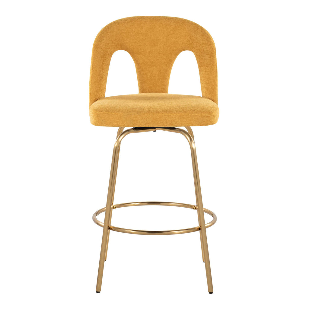 Ava Upholstered 26" Fixed-Height Counter Stool - Set of 2 - Gold Metal, Yellow Fabric