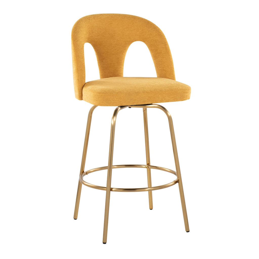 Ava Upholstered 26" Fixed-Height Counter Stool - Set of 2 - Gold Metal, Yellow Fabric