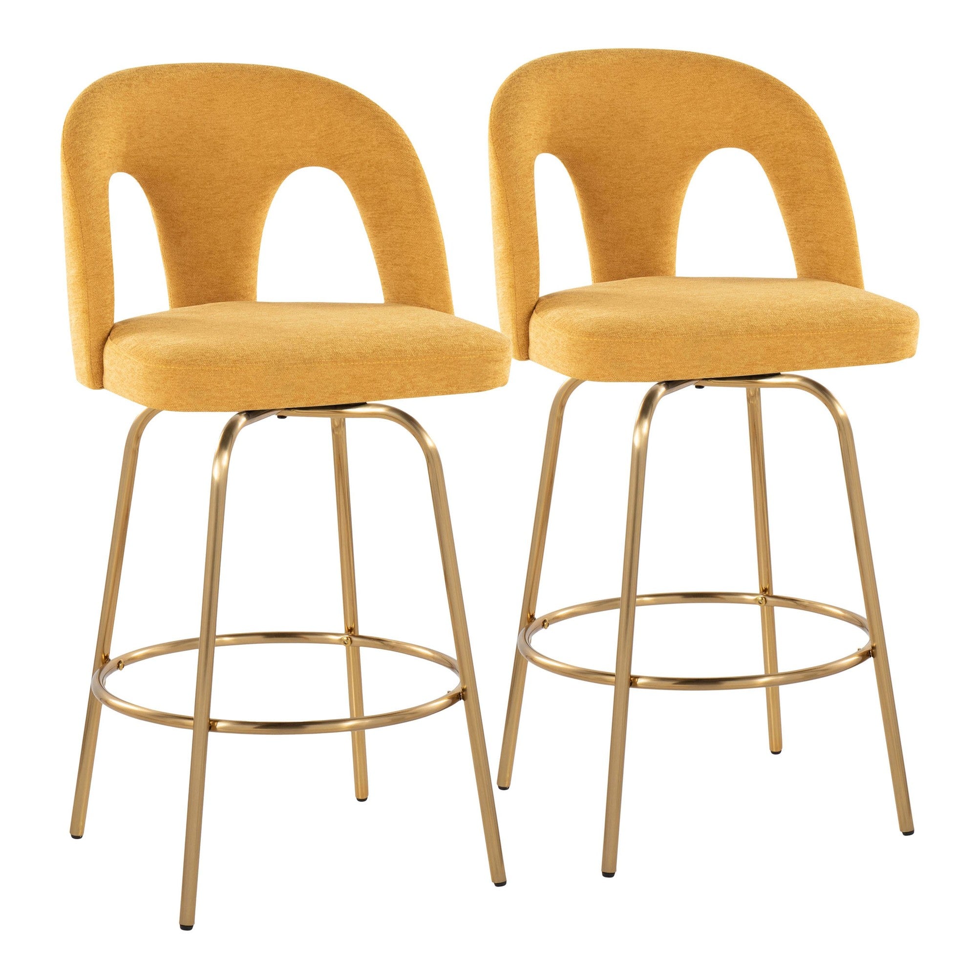 Ava Upholstered 26" Fixed-Height Counter Stool - Set of 2 - Gold Metal, Yellow Fabric