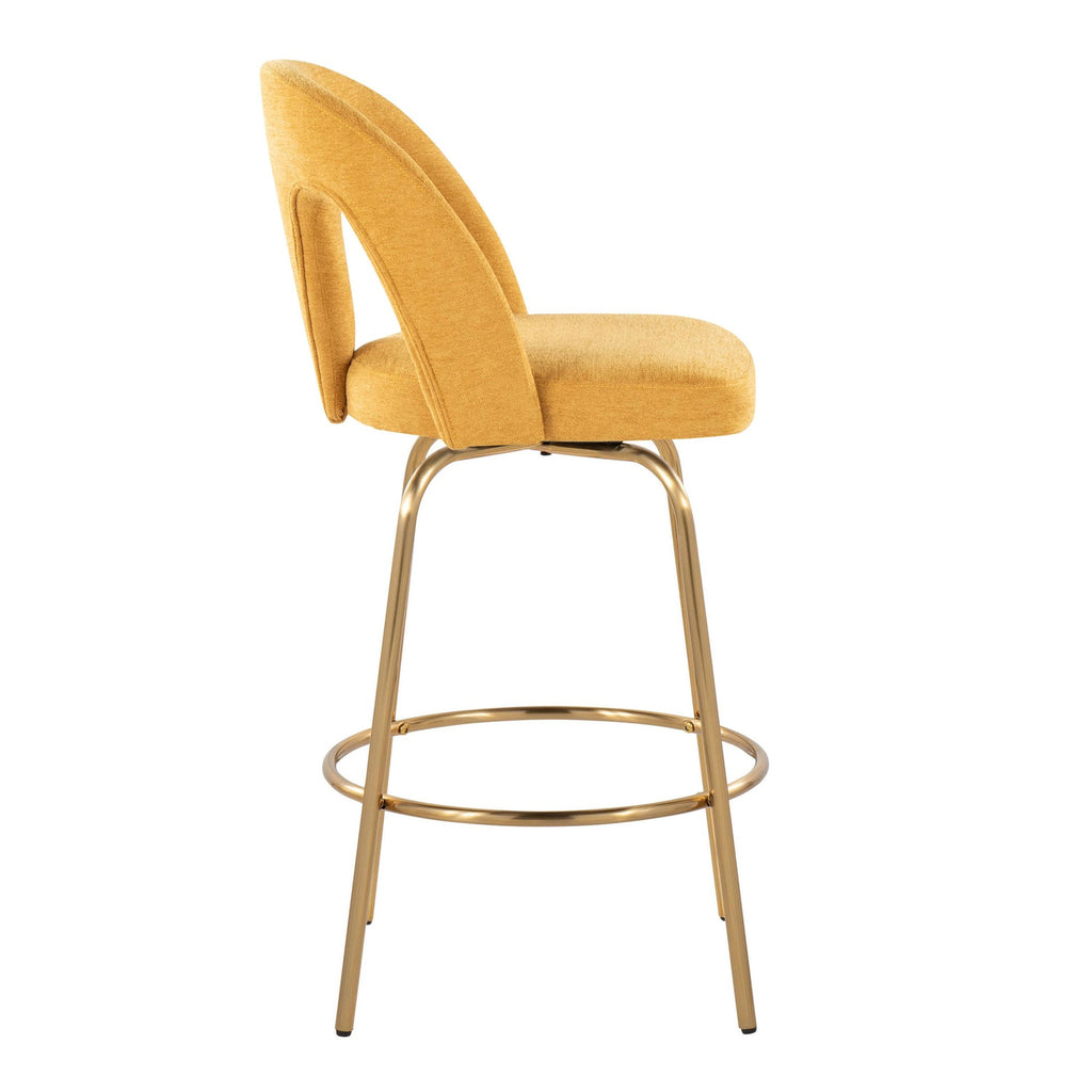 Ava Upholstered 26" Fixed-Height Counter Stool - Set of 2 - Gold Metal, Yellow Fabric