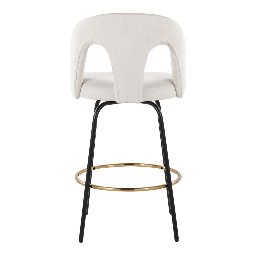 Ava Upholstered 26" Fixed-Height Counter Stool - Set of 2 - Black Metal, Snow White Fabric, Gold Metal