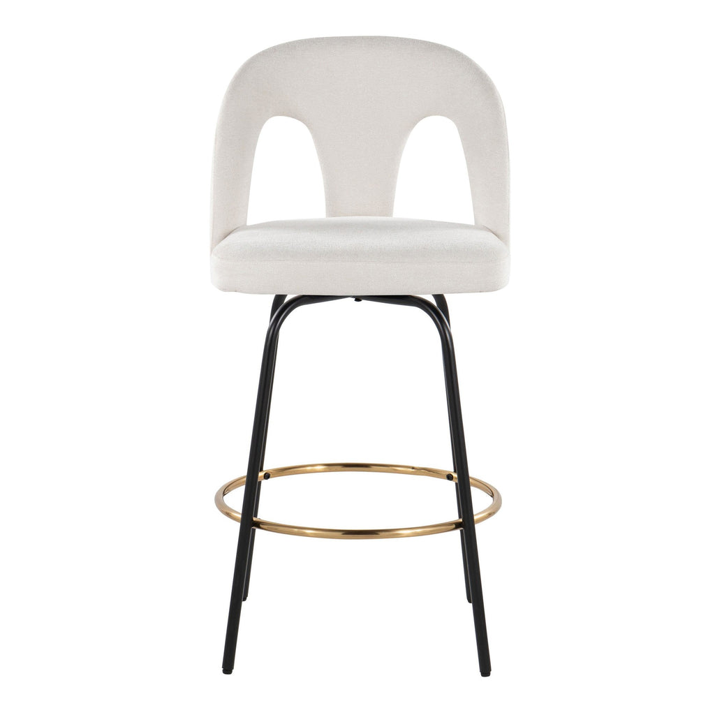 Ava Upholstered 26" Fixed-Height Counter Stool - Set of 2 - Black Metal, Snow White Fabric, Gold Metal