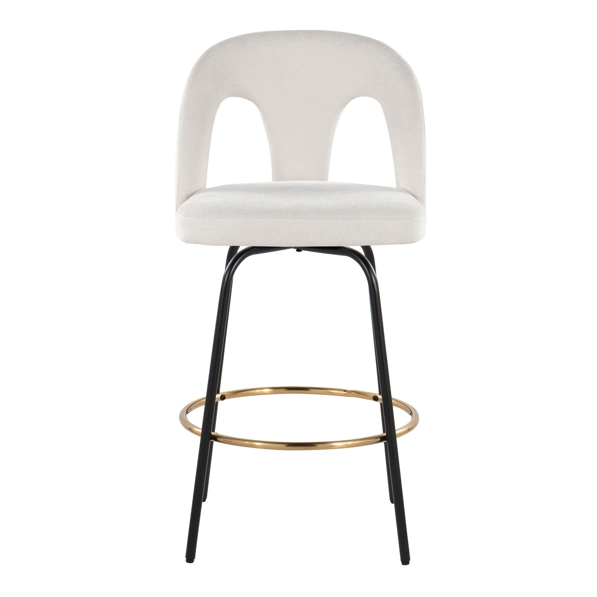 Ava Upholstered 26" Fixed-Height Counter Stool - Set of 2 - Black Metal, Snow White Fabric, Gold Metal