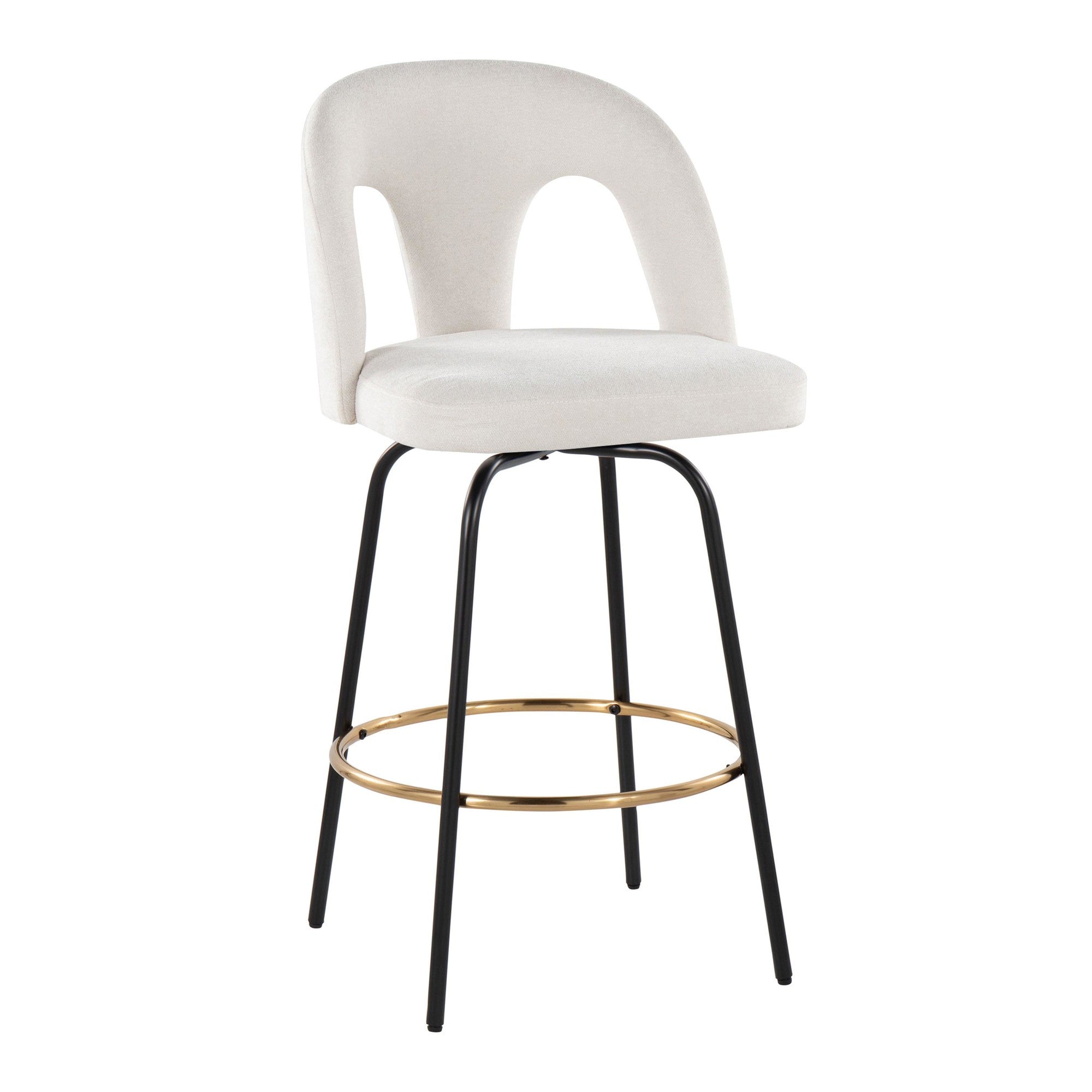 Ava Upholstered 26" Fixed-Height Counter Stool - Set of 2 - Black Metal, Snow White Fabric, Gold Metal