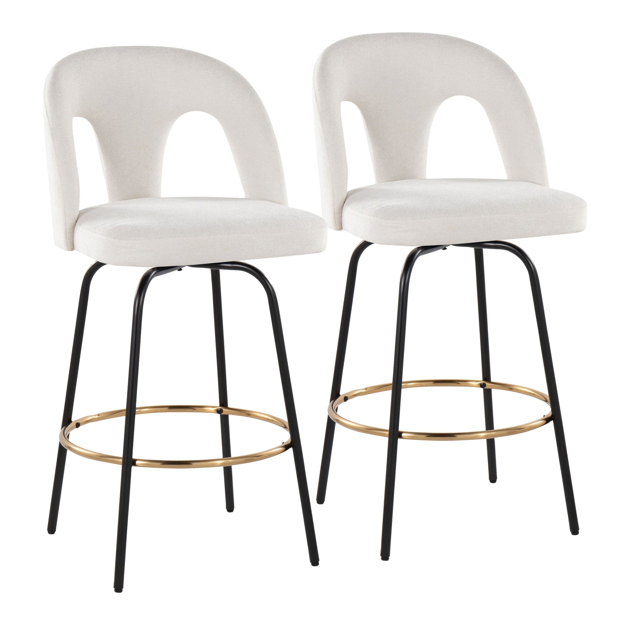 Ava Upholstered 26" Fixed-Height Counter Stool - Set of 2 - Black Metal, Snow White Fabric, Gold Metal