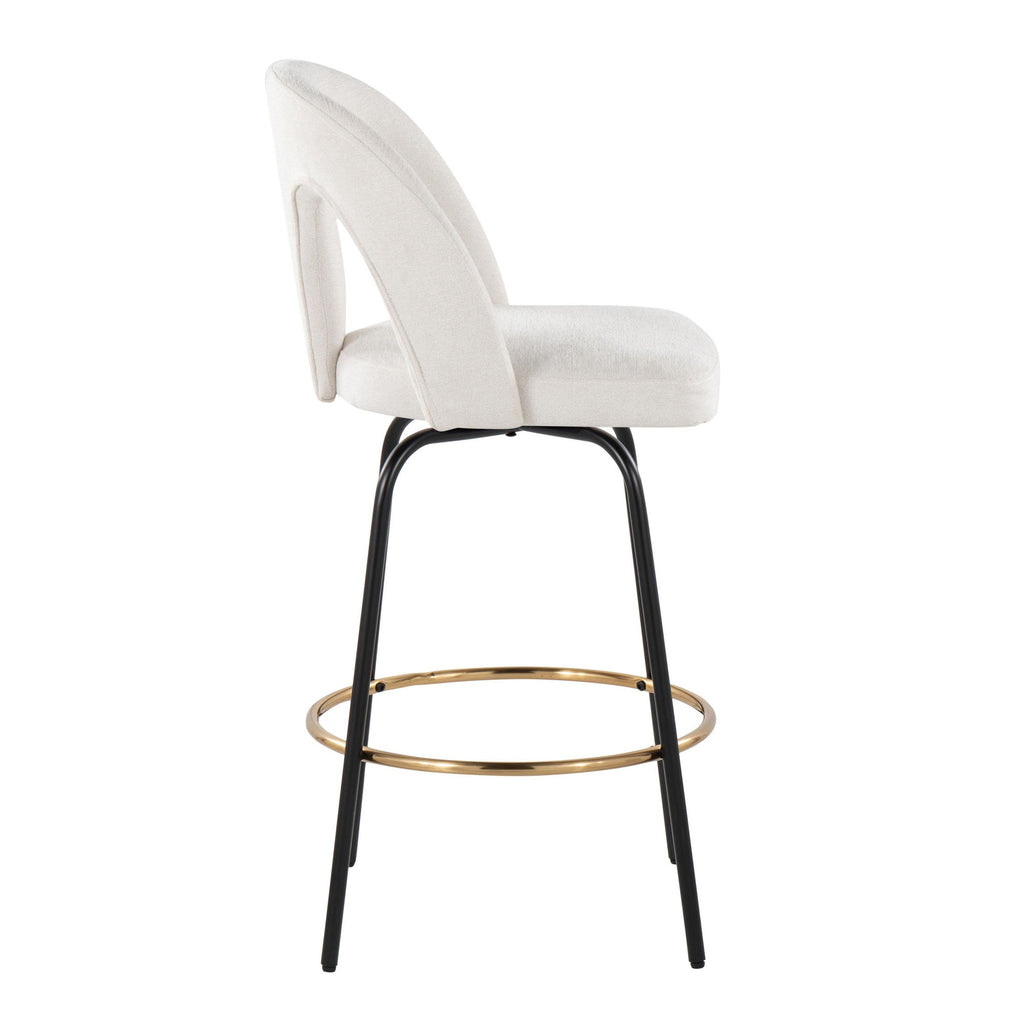Ava Upholstered 26" Fixed-Height Counter Stool - Set of 2 - Black Metal, Snow White Fabric, Gold Metal