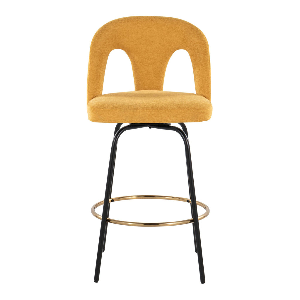Ava Upholstered 26" Fixed-Height Counter Stool - Set of 2 - Black Metal, Yellow Fabric, Gold Metal