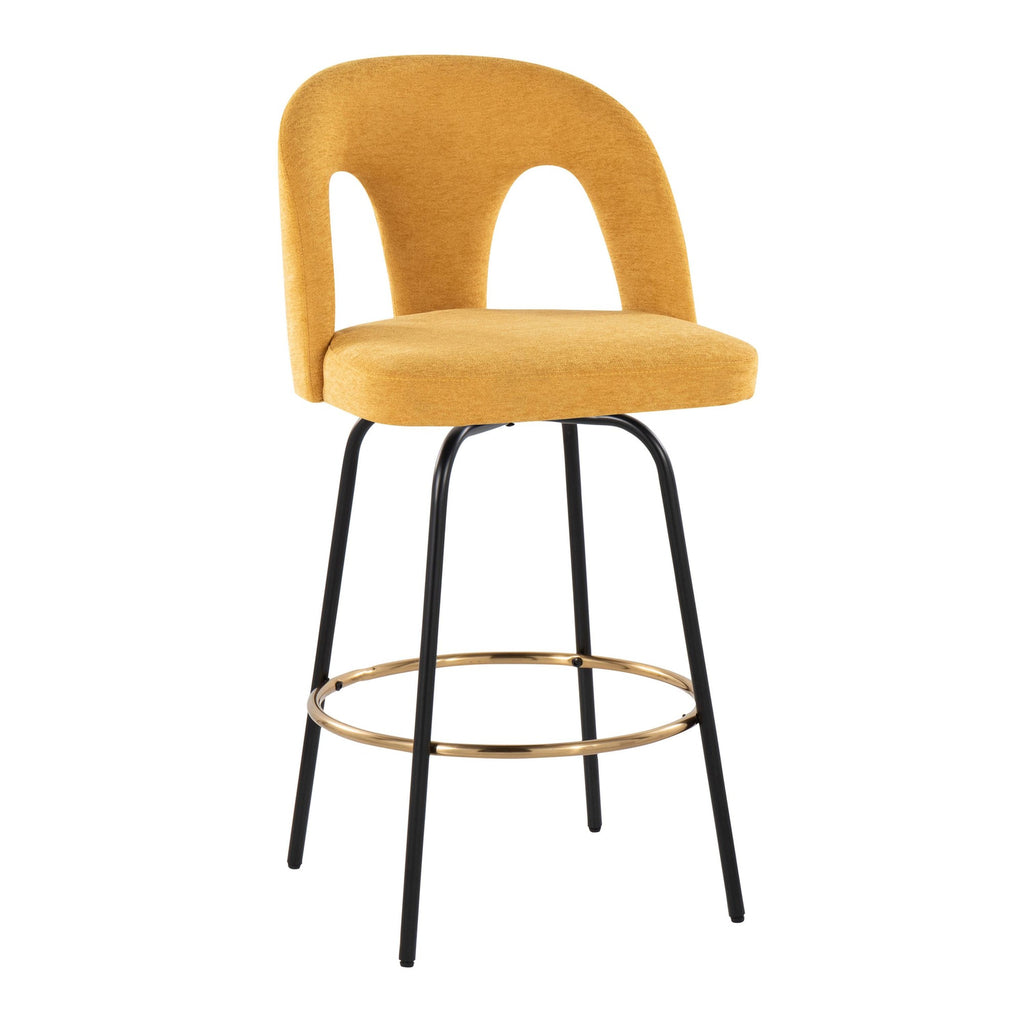 Ava Upholstered 26" Fixed-Height Counter Stool - Set of 2 - Black Metal, Yellow Fabric, Gold Metal