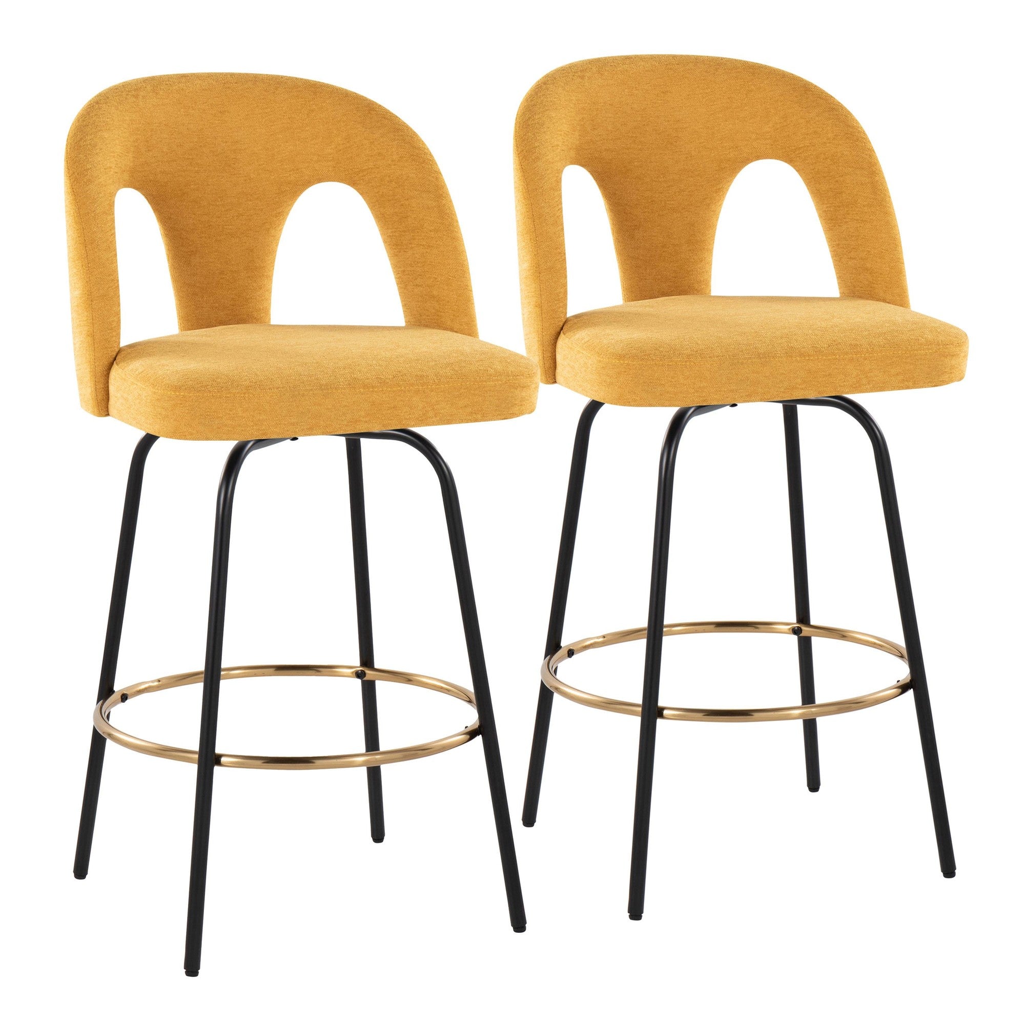 Ava Upholstered 26" Fixed-Height Counter Stool - Set of 2 - Black Metal, Yellow Fabric, Gold Metal