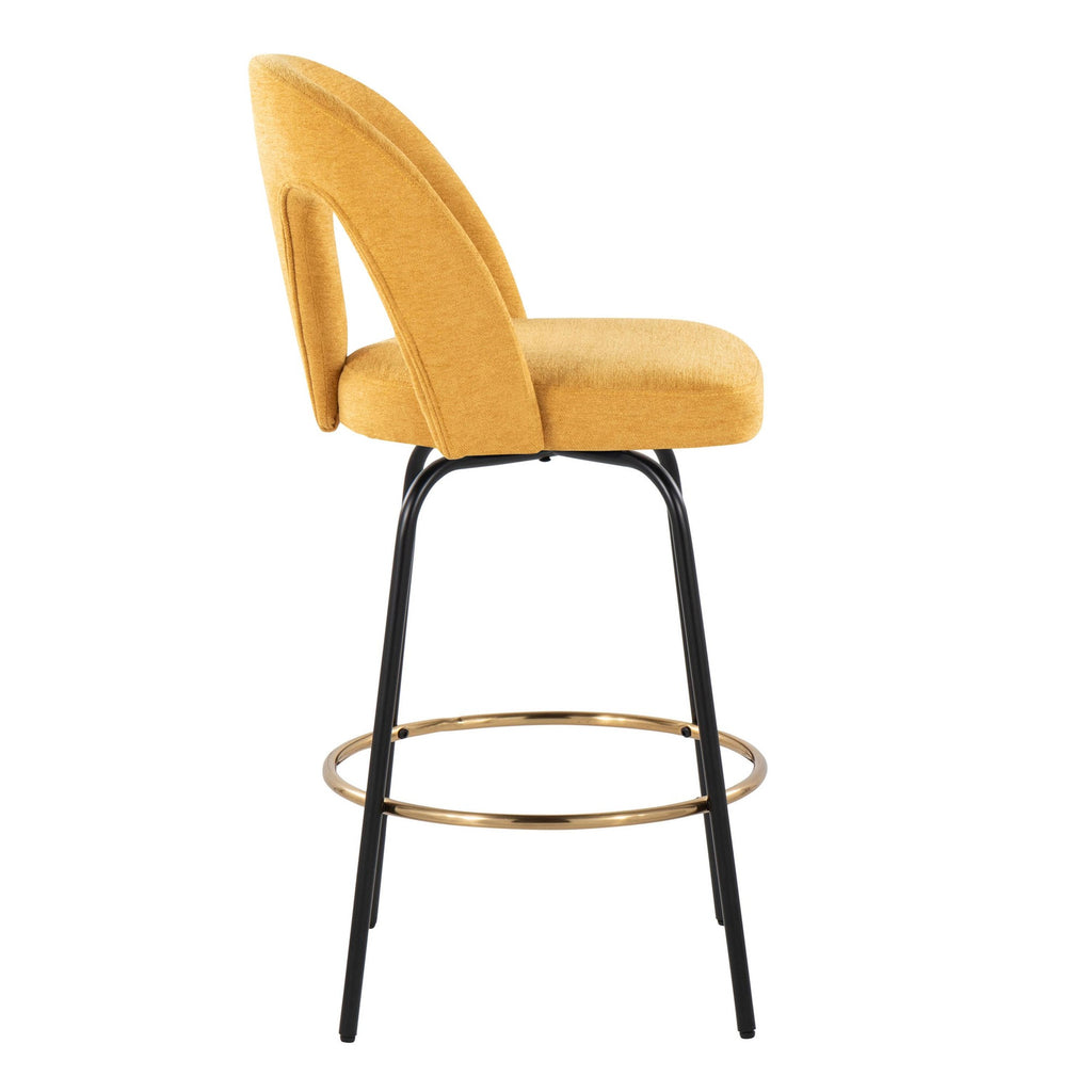 Ava Upholstered 26" Fixed-Height Counter Stool - Set of 2 - Black Metal, Yellow Fabric, Gold Metal