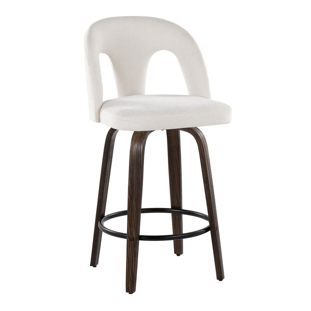 Ava Upholstered 26" Fixed-Height Counter Stool - Set of 2 - Walnut Glazed Wood, Snow White Fabric, Black Metal