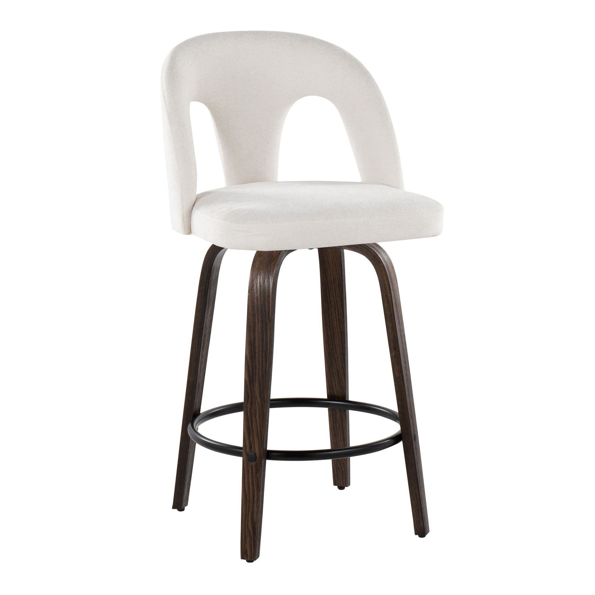 Ava Upholstered 26" Fixed-Height Counter Stool - Set of 2 - Walnut Glazed Wood, Snow White Fabric, Black Metal