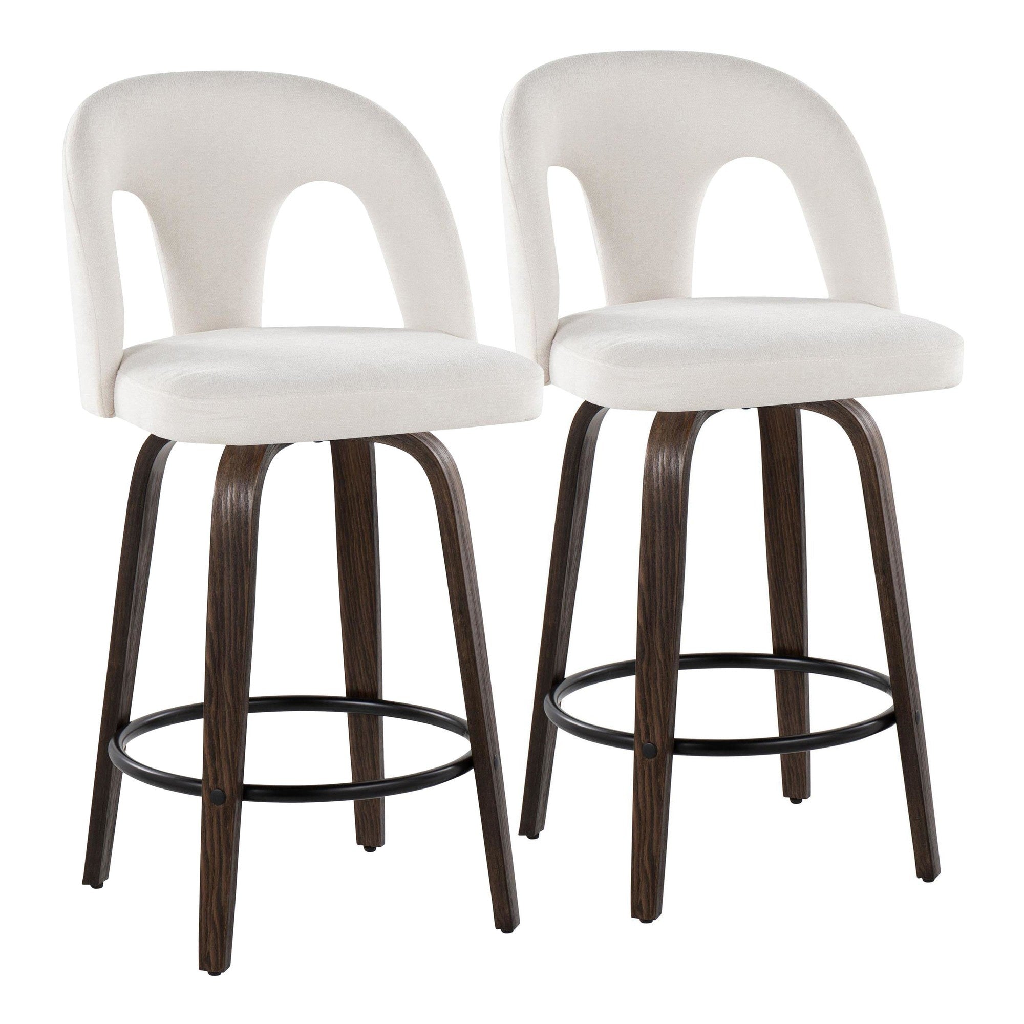 Ava Upholstered 26" Fixed-Height Counter Stool - Set of 2 - Walnut Glazed Wood, Snow White Fabric, Black Metal