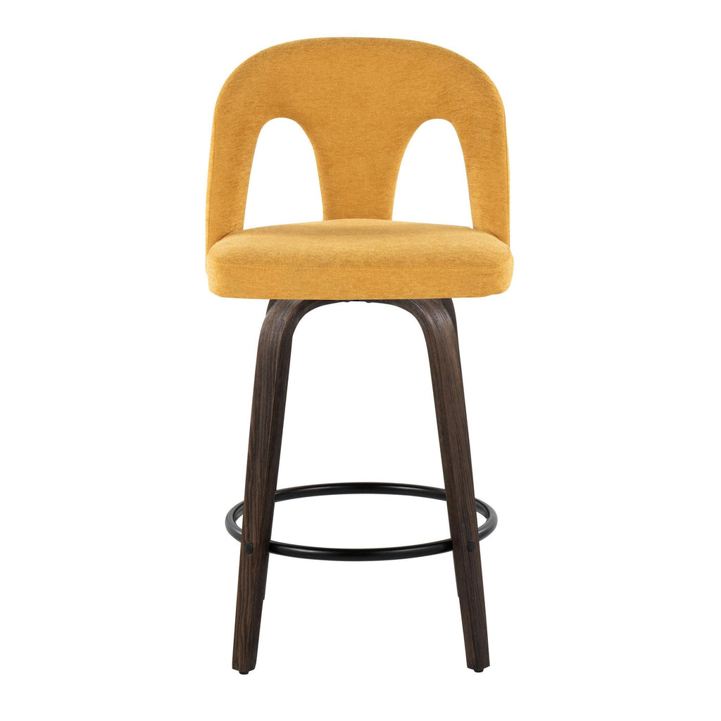 Ava Upholstered 26" Fixed-Height Counter Stool - Set of 2 - Walnut Glazed Wood, Yellow Fabric, Black Metal