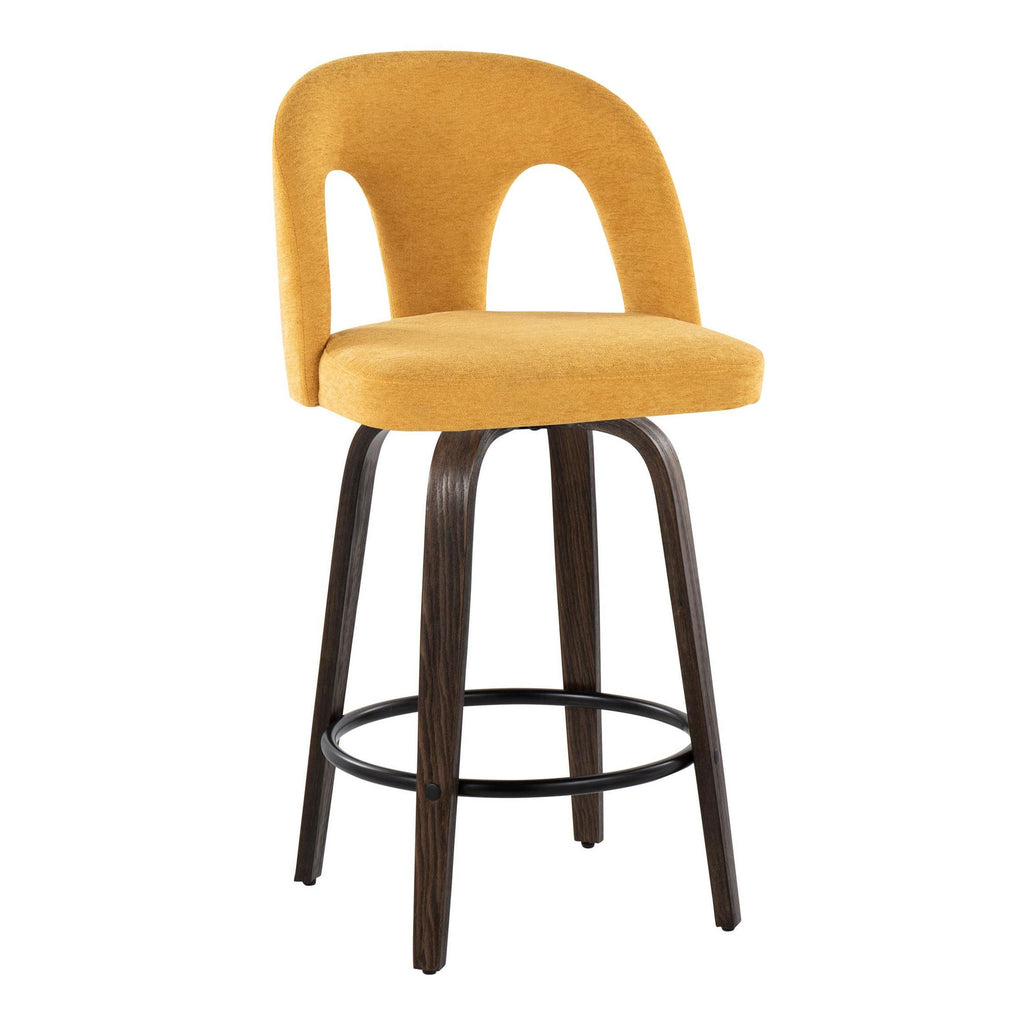 Ava Upholstered 26" Fixed-Height Counter Stool - Set of 2 - Walnut Glazed Wood, Yellow Fabric, Black Metal