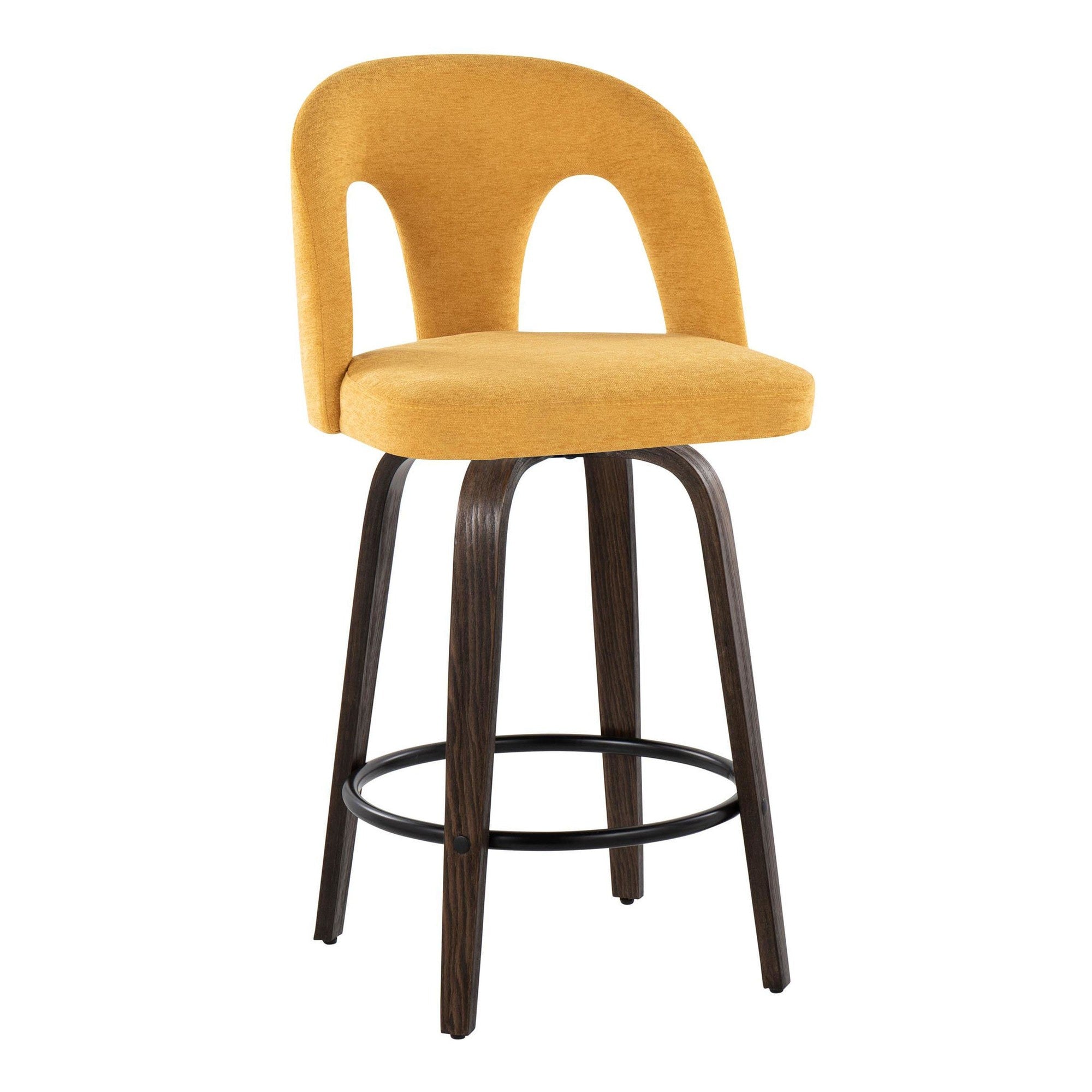 Ava Upholstered 26" Fixed-Height Counter Stool - Set of 2 - Walnut Glazed Wood, Yellow Fabric, Black Metal