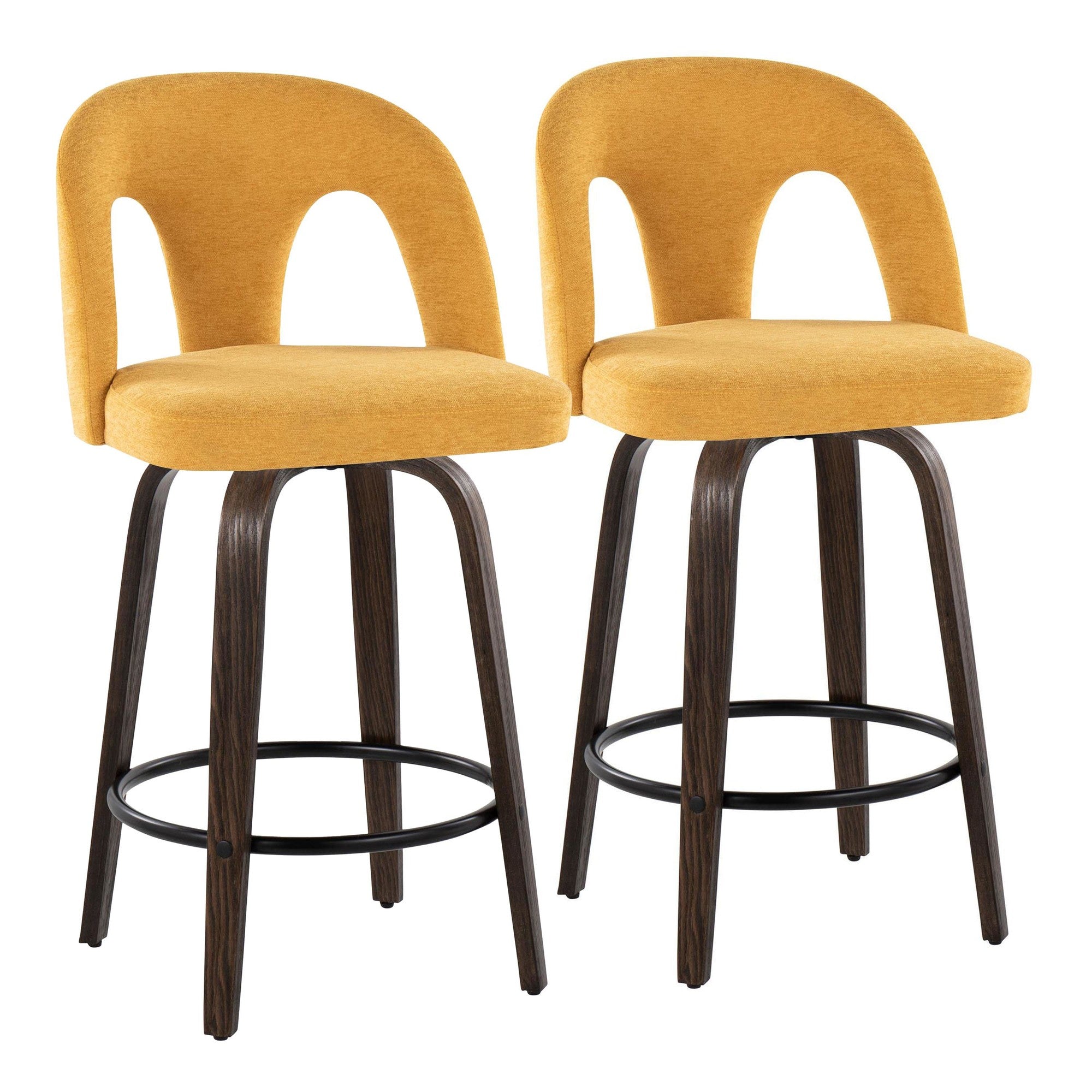 Ava Upholstered 26" Fixed-Height Counter Stool - Set of 2 - Walnut Glazed Wood, Yellow Fabric, Black Metal