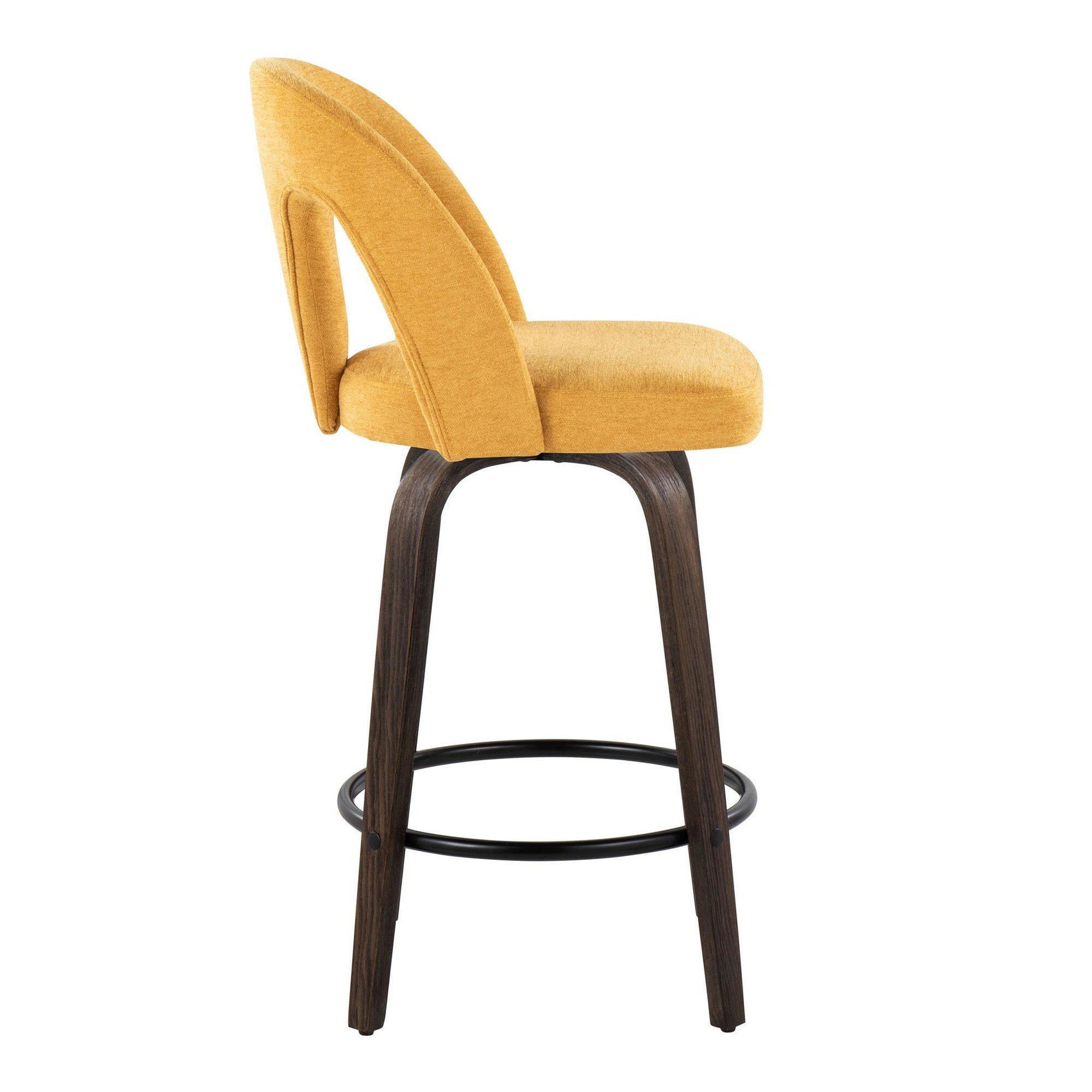 Ava Upholstered 26" Fixed-Height Counter Stool - Set of 2 - Walnut Glazed Wood, Yellow Fabric, Black Metal