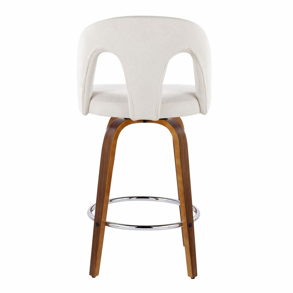 Ava Upholstered 26" Fixed-Height Counter Stool - Set of 2 - Walnut Wood, Snow White Fabric, Chrome Metal