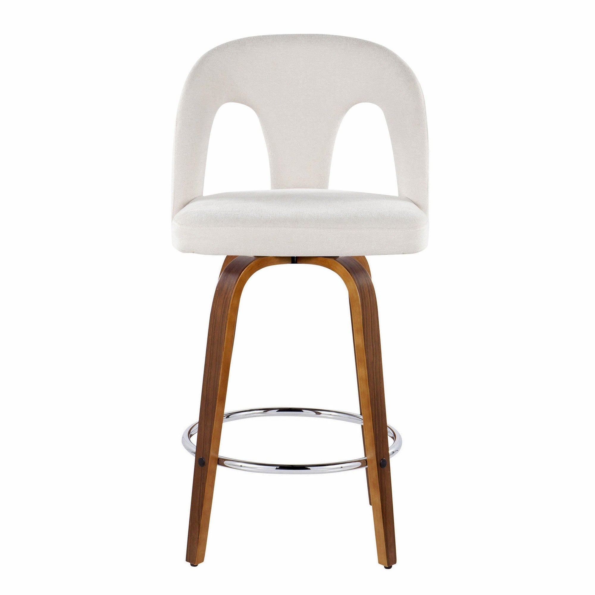 Ava Upholstered 26" Fixed-Height Counter Stool - Set of 2 - Walnut Wood, Snow White Fabric, Chrome Metal