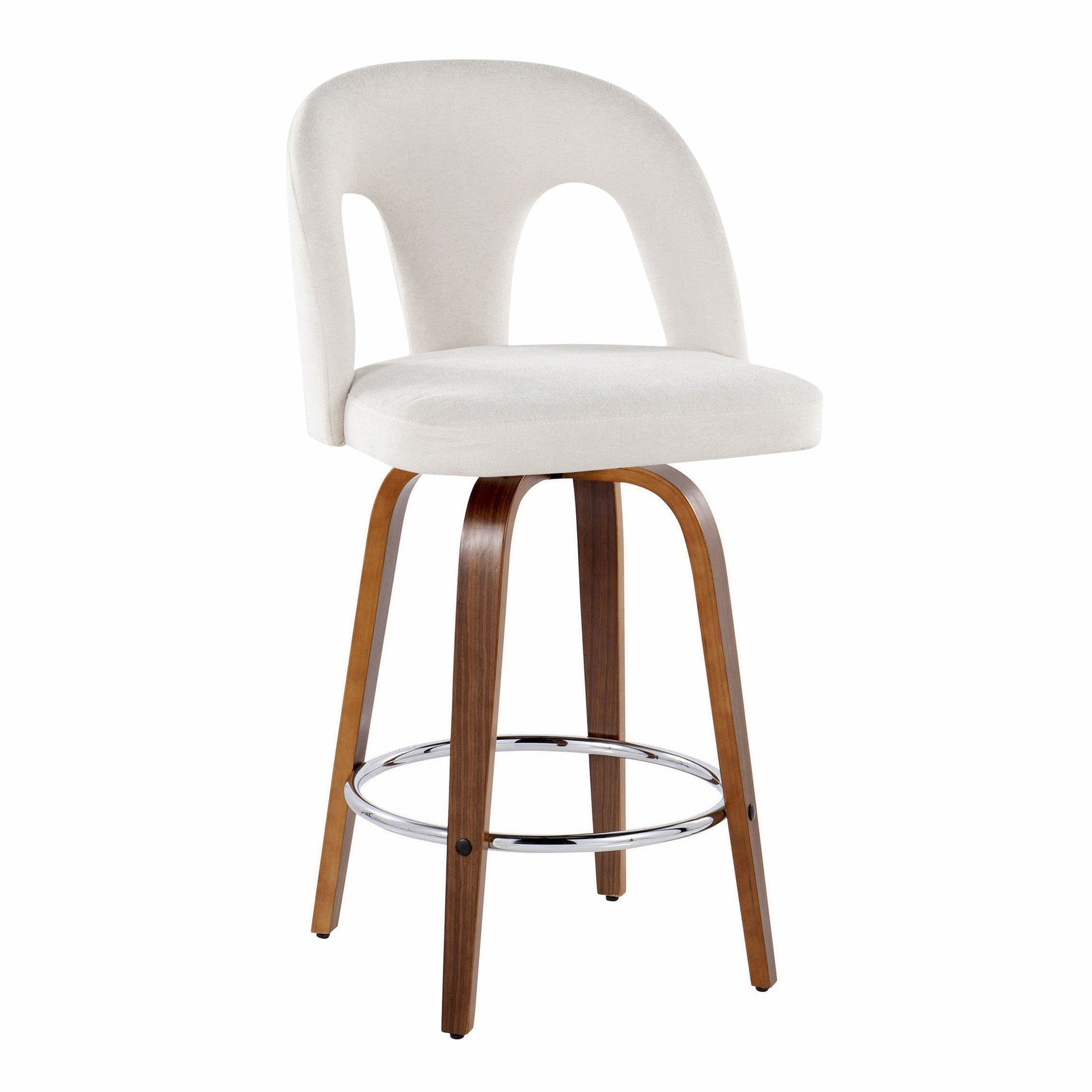 Ava Upholstered 26" Fixed-Height Counter Stool - Set of 2 - Walnut Wood, Snow White Fabric, Chrome Metal