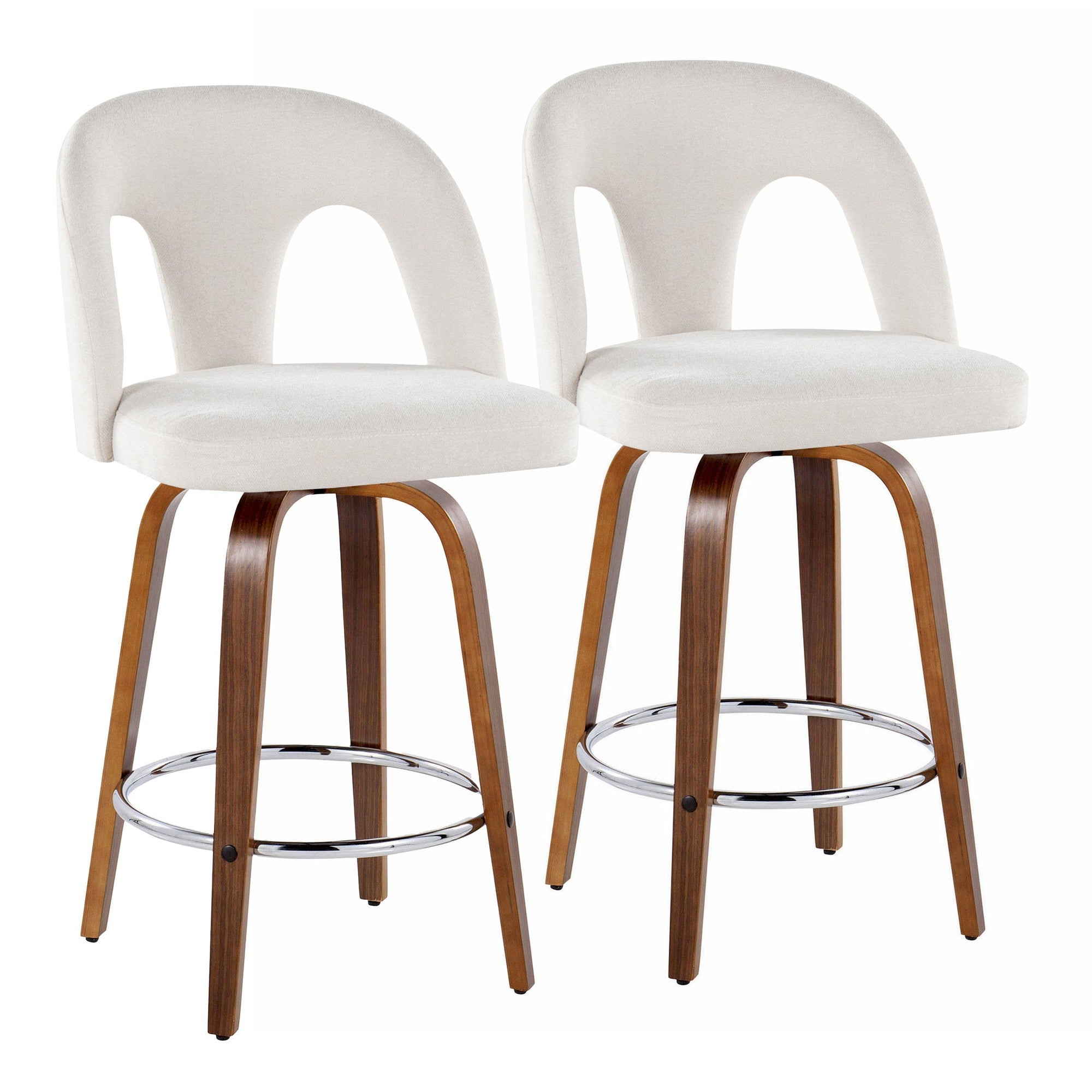 Ava Upholstered 26" Fixed-Height Counter Stool - Set of 2 - Walnut Wood, Snow White Fabric, Chrome Metal
