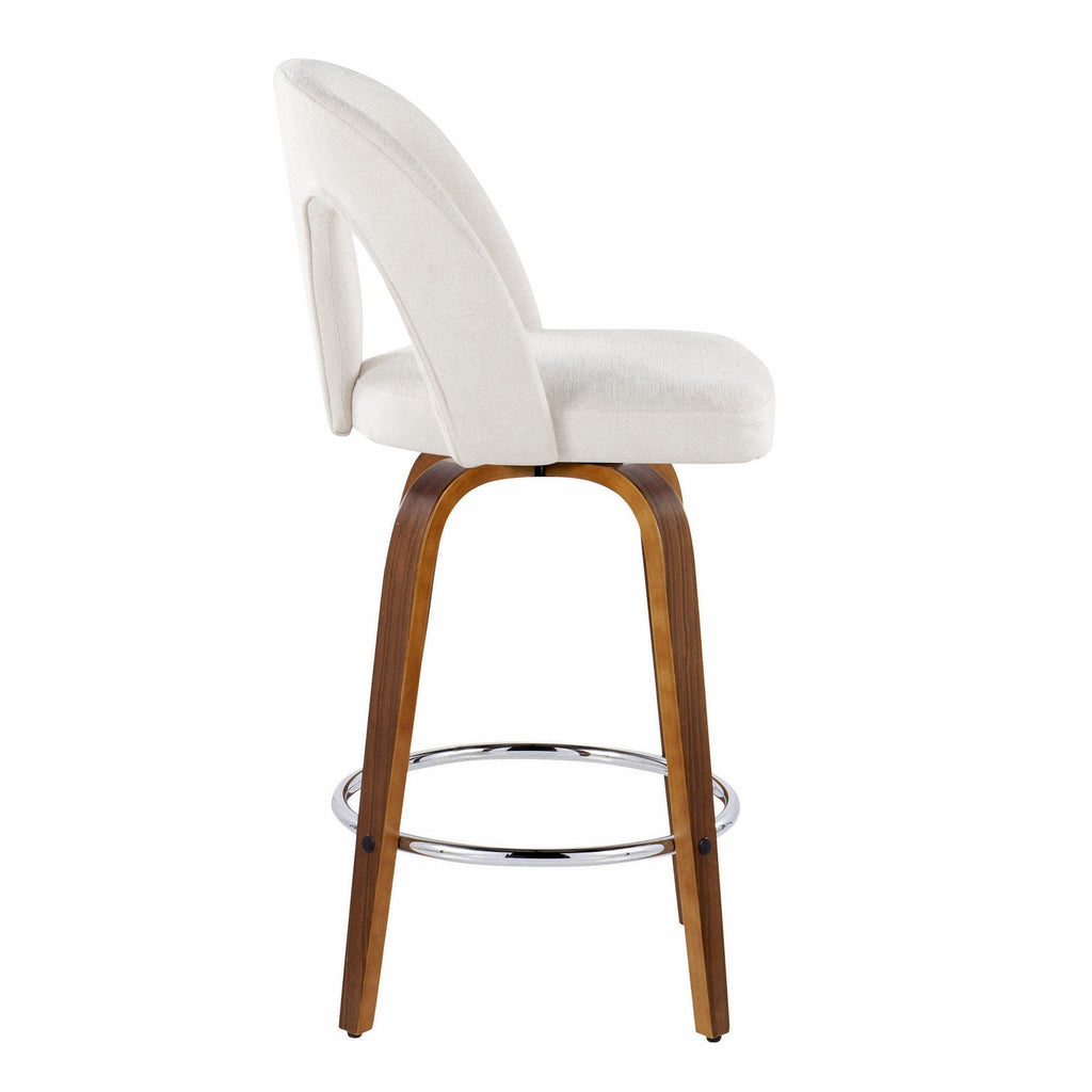 Ava Upholstered 26" Fixed-Height Counter Stool - Set of 2 - Walnut Wood, Snow White Fabric, Chrome Metal