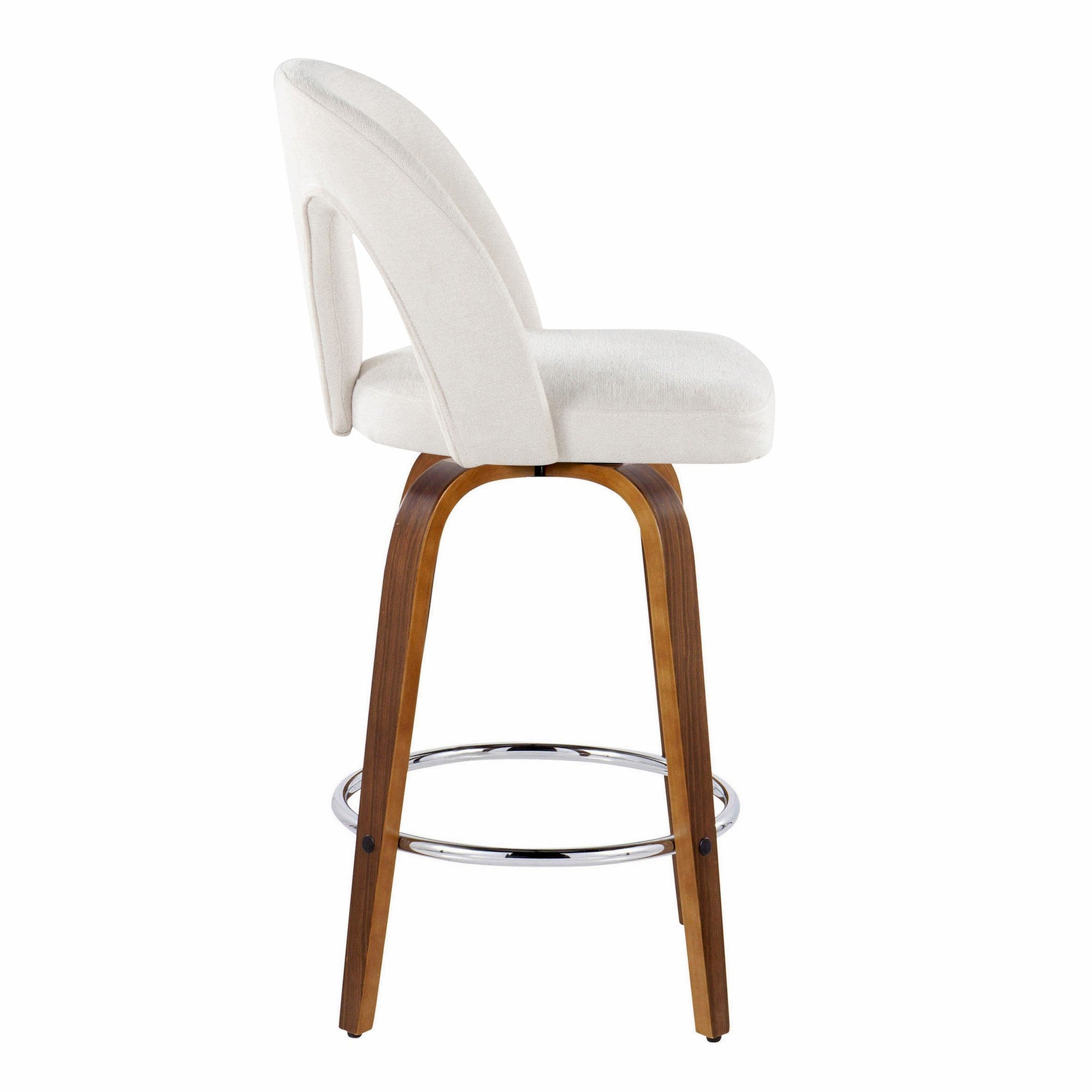 Ava Upholstered 26" Fixed-Height Counter Stool - Set of 2 - Walnut Wood, Snow White Fabric, Chrome Metal