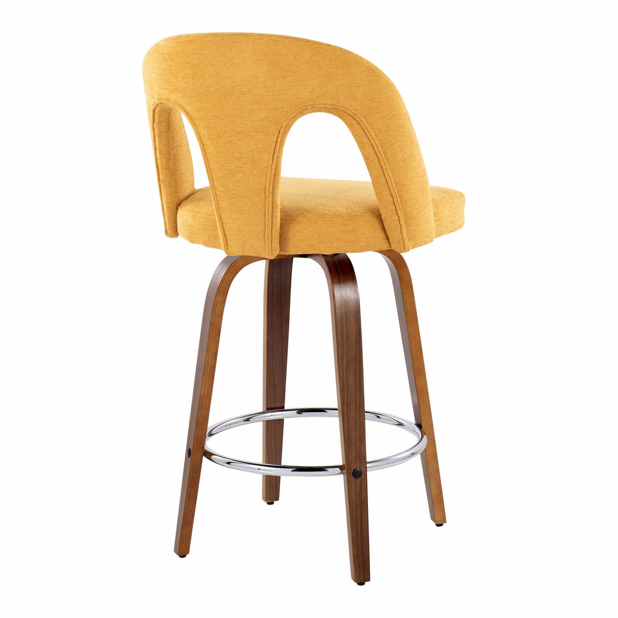 Ava Upholstered 26" Fixed-Height Counter Stool - Set of 2 - Walnut Wood, Yellow Fabric, Chrome Metal