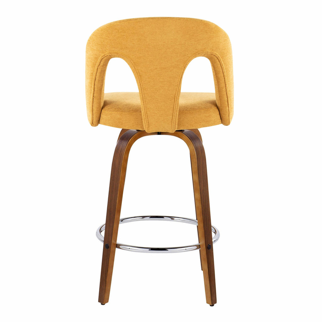 Ava Upholstered 26" Fixed-Height Counter Stool - Set of 2 - Walnut Wood, Yellow Fabric, Chrome Metal