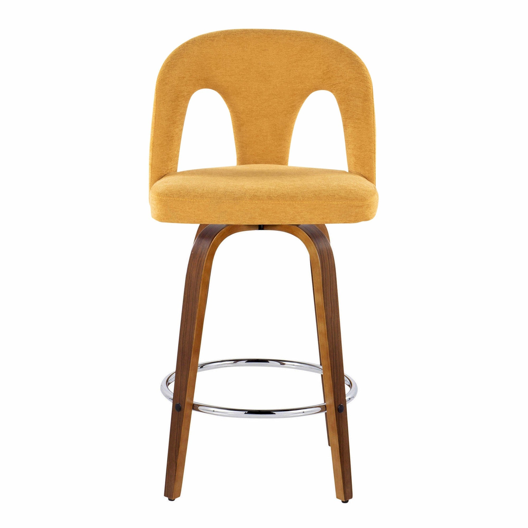 Ava Upholstered 26" Fixed-Height Counter Stool - Set of 2 - Walnut Wood, Yellow Fabric, Chrome Metal