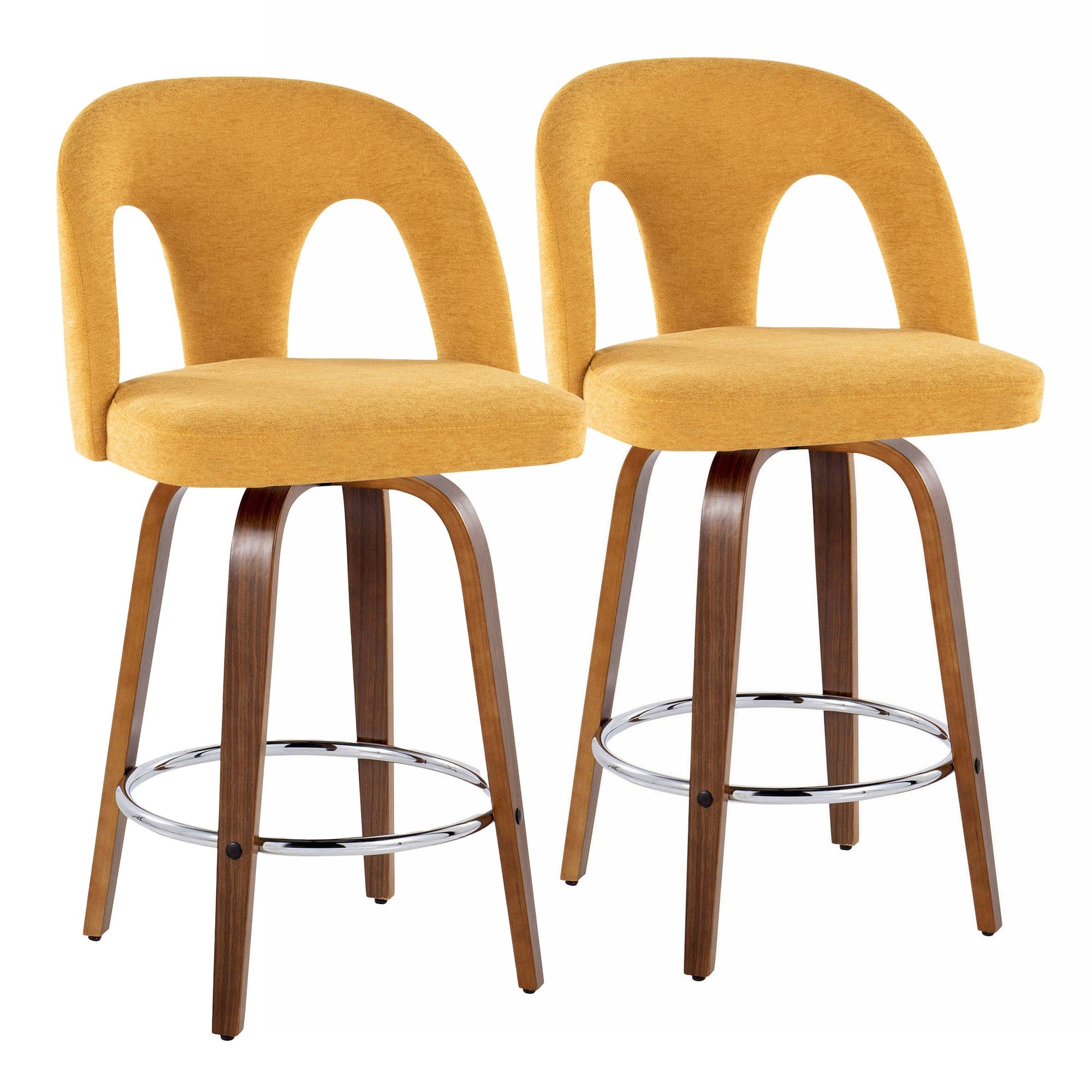 Ava Upholstered 26" Fixed-Height Counter Stool - Set of 2 - Walnut Wood, Yellow Fabric, Chrome Metal