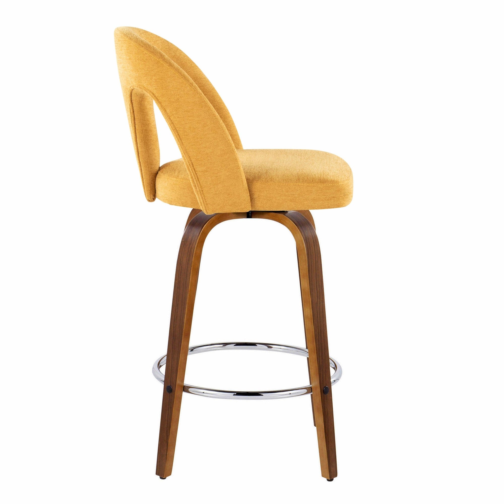 Ava Upholstered 26" Fixed-Height Counter Stool - Set of 2 - Walnut Wood, Yellow Fabric, Chrome Metal